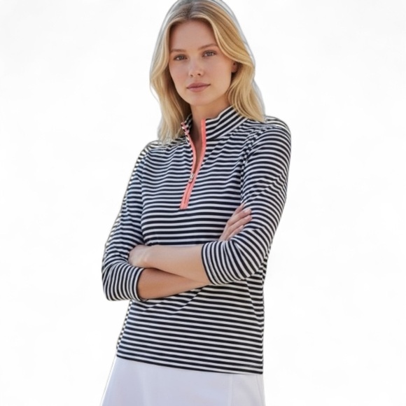 Sport Haley Tops - Sport Haley Navy and White Striped Long Sleeve Tee with Pink Zipper size L